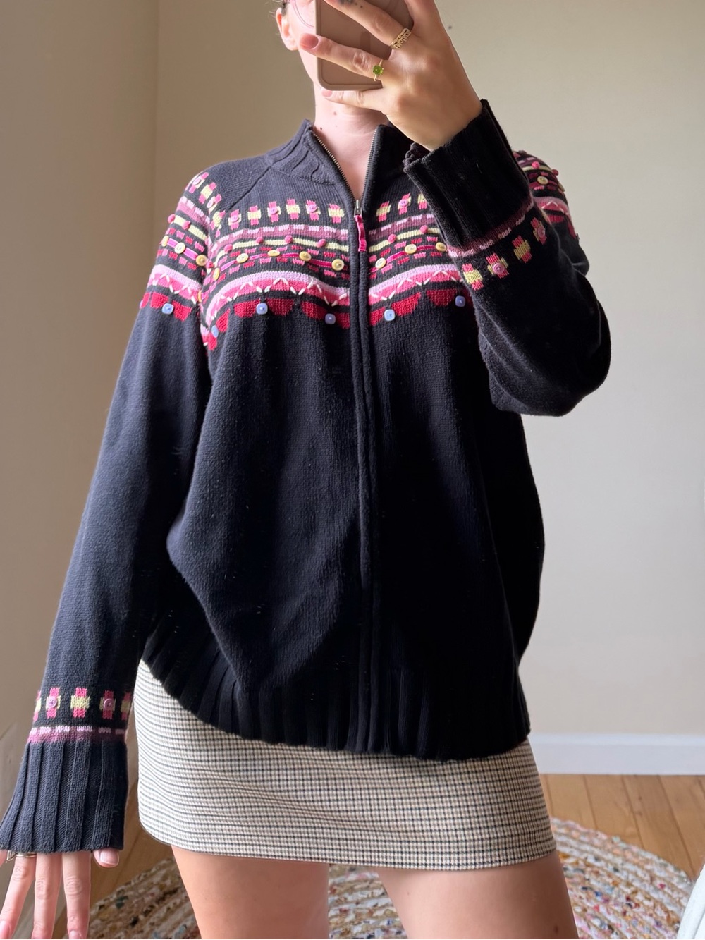 CJ Banks Black Zip-Front Teddy Jacket with Pink Accent Fair Isle